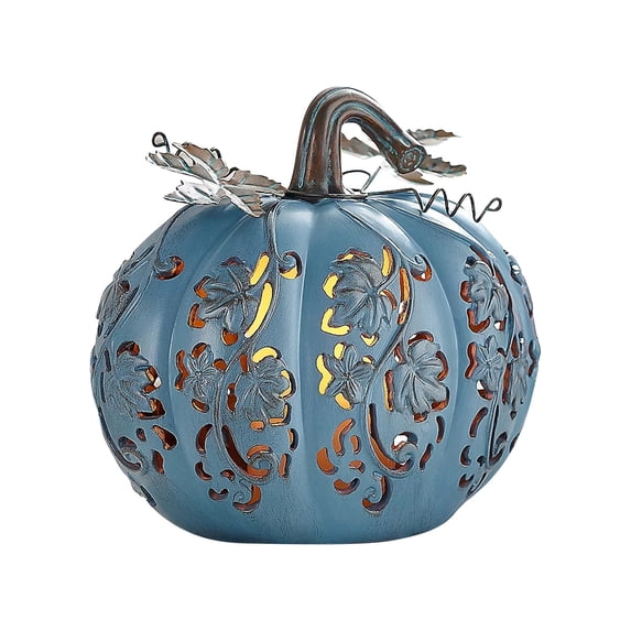 7-Inch Oversized Gourd Pumpkin Decoration with Hollow Vine Pattern and Flickering LED Candlelight Effect Resin Decorative Lamp for Halloween Thanksgiving Indoor Outdoor