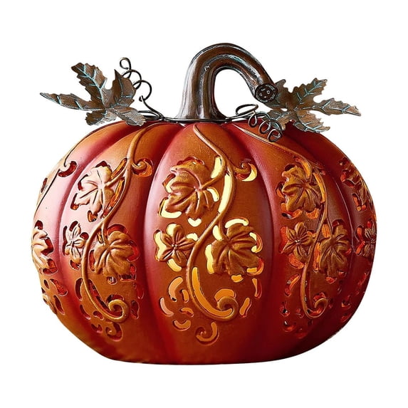 7-Inch Oversized Gourd Pumpkin Decoration with Hollow Vine Pattern and Flickering LED Candlelight Effect Resin Decorative Lamp for Halloween Thanksgiving Indoor Outdoor