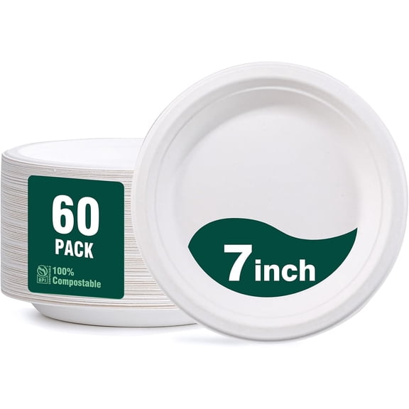 7 Inch Paper Plates 60 Pack 100% Compostable Plates