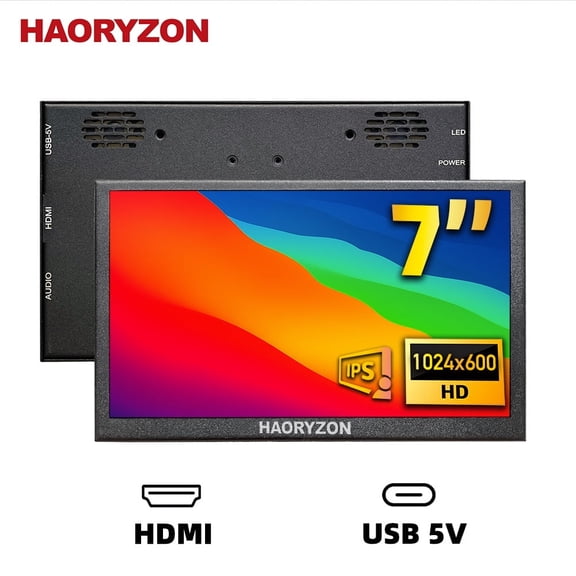 7 Inch Portable Secondary Monitor FHD 1024x600 IPS LCD Screen USB-C & HDMI with Dual Speakers for PC Laptop Raspberry Pi Nintendo Switch - Black
