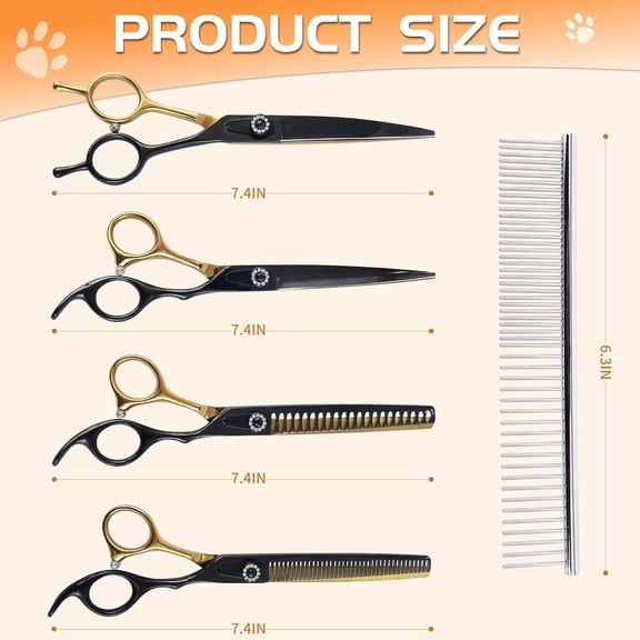 7 Inch Professional Dog Grooming Scissors Kit, 6 in 1 Grooming Scissors for Dogs, Pet Grooming Shears Set, Straight Scissor & Thinning Shear & Curved Scissor & Chunker Shear (Black Gold)