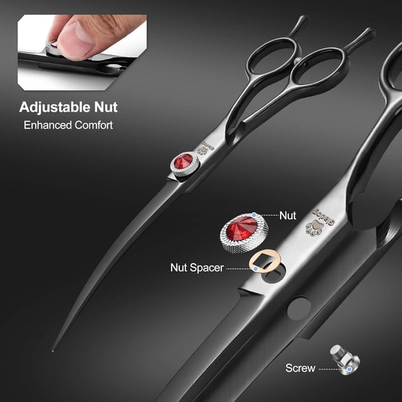 7 Inch Professional Dog Grooming Scissors Kit with Ruby Knob & Leather Case for Pet Trimming