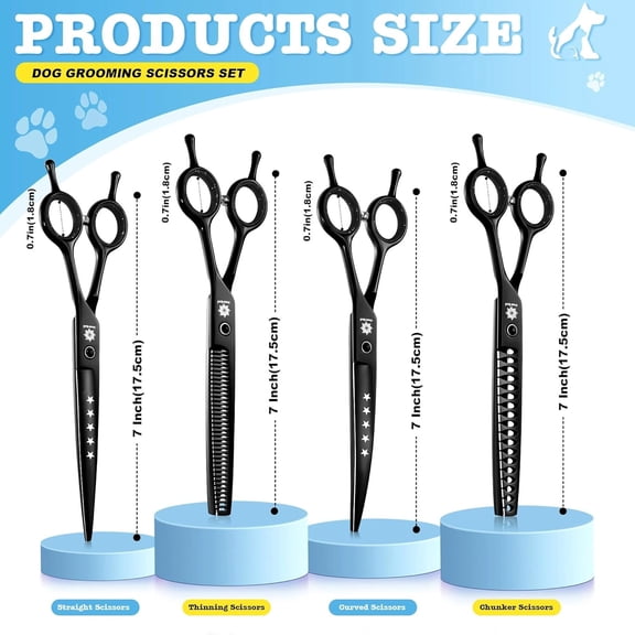 7 Inch Professional Dog Grooming Scissors Set - 6 in 1 Pet Trimming Kit with Thinning, Chunker, Straight, Curved Shears and Comb for Dog Cat Black