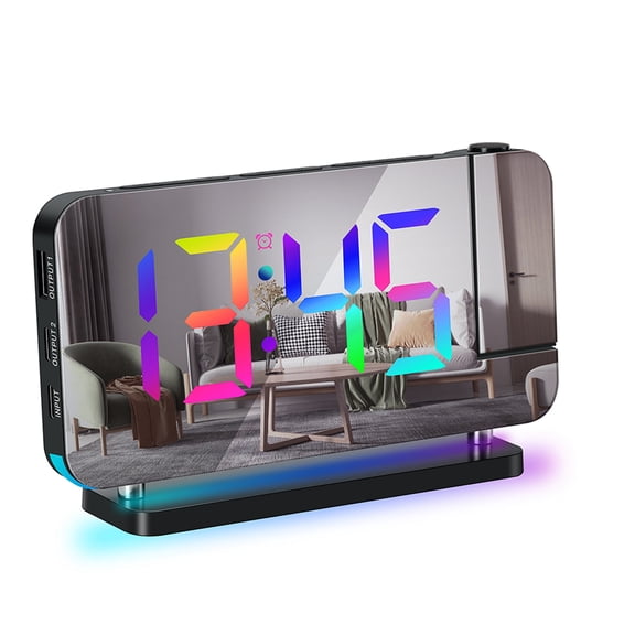 7 Inch RGB Colorful LED Digital Clock 180 Degrees Mirror Projection Alarm Clock with 6 Level Brightness Dimmer Snooze Function USB Type C Phone Charger Tabletop Ceiling Clock for Bedroom Office