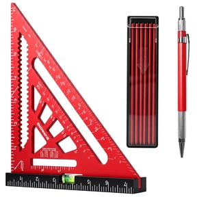 7 Inch Rafter Square with Level Vial, Heavy Duty Aluminum Carpenter Triangle Ruler with Bonus Red Pencil & 12PCS 2.0mm Refills for Woodworking DIY