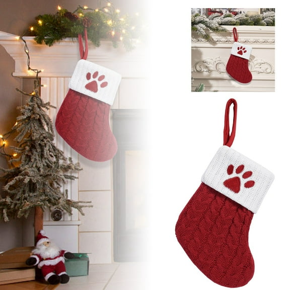 7 Inch Red Cable Knit Christmas Stockings with Dog Paw Snowflake Pattern Bulk Mini Cute Knitted Embroidered Xmas Stocking Hanging Decorations for Christmas Tree Holiday Party Favors (Dog Paw)