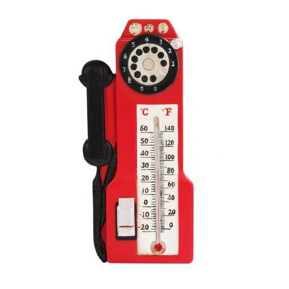 7 Inch Red Old Style Telephone Wall Thermometer Statue Figurine