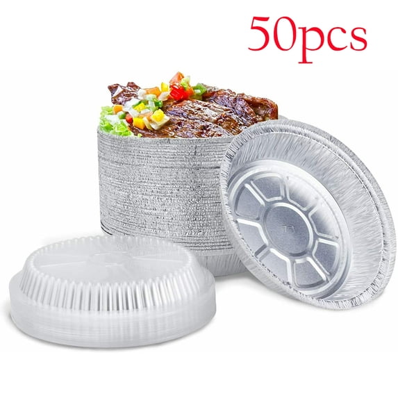 7-Inch Round Foil Pans with Plastic Dome Lids, Disposable Aluminum Tin for Roasting, Baking, or Cooking, 50-Pack