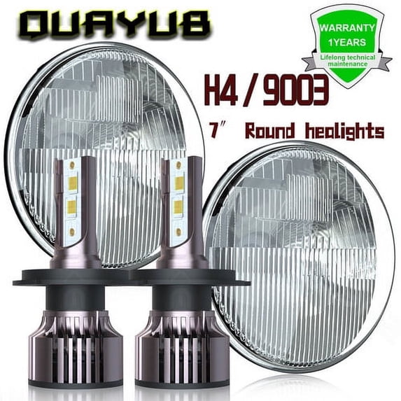7 Inch Round Sealed Beam Glass Clear Lens Headlights H4 Bulbs H6024 H6014 Pair