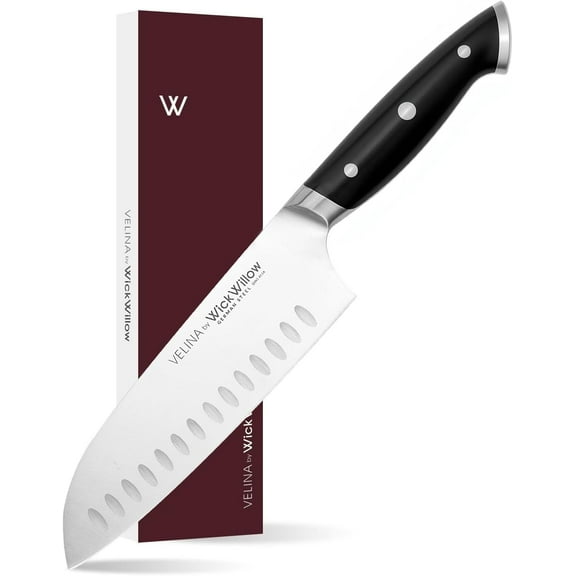 7 Inch Santoku Knife Razor Sharp German Steel Kitchen Knife for Chopping, Slicing & Mincing Hollow Edge Vegetable Knife with Full Tang & Ergonomic Handle Gift Box Included Velina Series