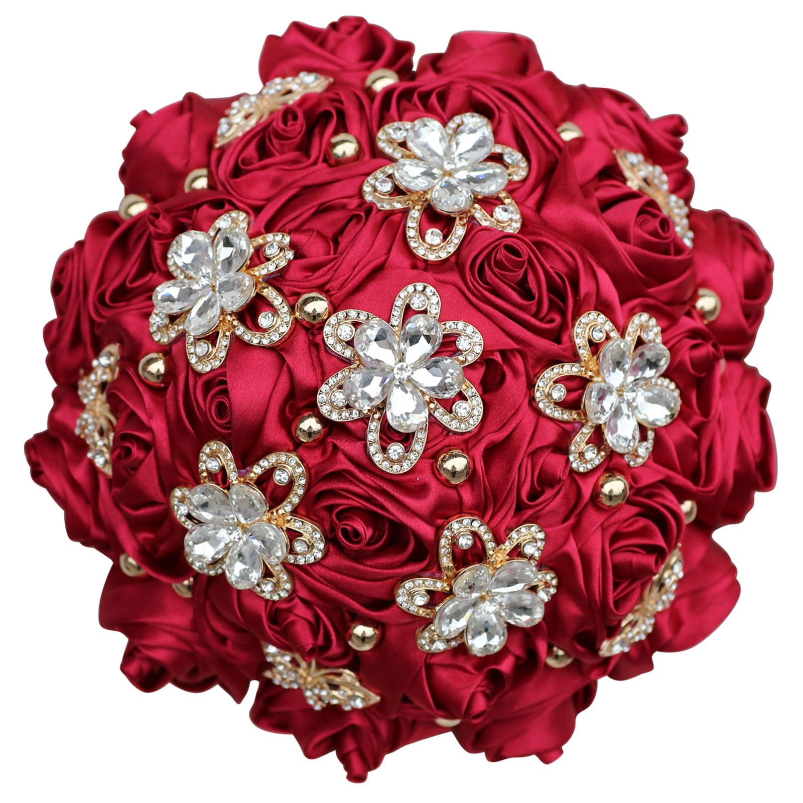7 Inch Satin Flower Wedding Bouquet Burgundy, Artificial Rose Bridal Bouquet with Button Brooch, Bridesmaid Bouquet for Indoor Outdoor Wedding Quinceanera, Burgundy Red