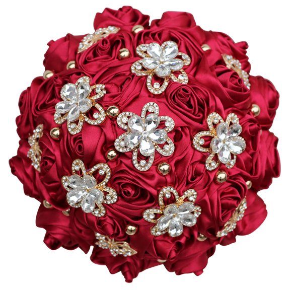 7 Inch Satin Flower Wedding Bouquet Burgundy, Artificial Rose Bridal Bouquet with Button Brooch, Bridesmaid Bouquet for Indoor Outdoor Wedding Quinceanera, Burgundy Red