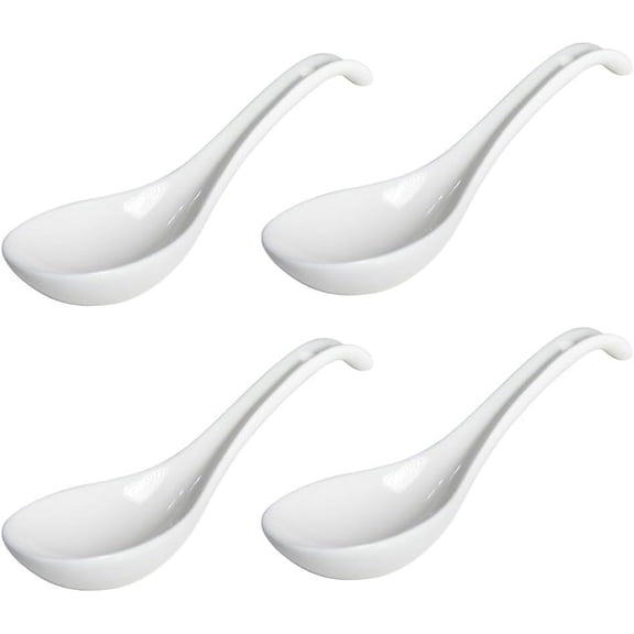 7 Inch Set of 4 Porcelain Asian Soup Spoons Multi-Purpose Ceramic Spoon Set for Ramen, Pho, Wonton, Noodles, Chinese & Japanese Style Tableware, Durable & Dishwasher Safe