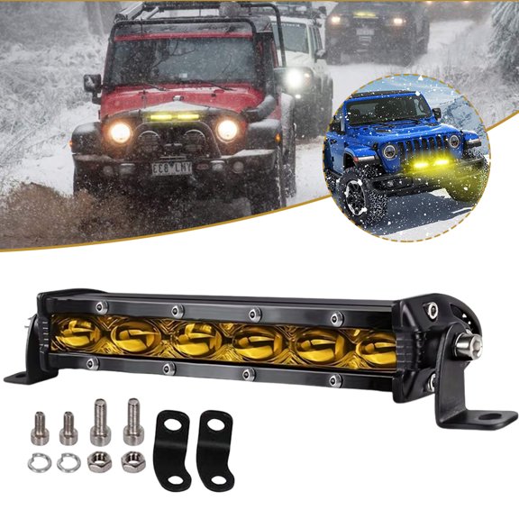 7 Inch Single Row Amber LED Light Bar, 6D Reflector IP67 Waterproof Slim LED Off-Road Light Pod, Adjustable Mount Yellow LED Work Light, Heavy Duty Amber Driving Fog Light Fit ATV, UTV, SUV & Boat