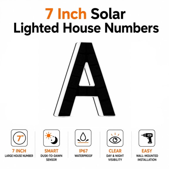 7 Inch Solar Lighted House Number for Outside, 2000mAh LED Address Sign, IP67 Waterproof, Dusk to Dawn Auto On/Off, Warm White & White Light Outdoor House Number(Letter A)