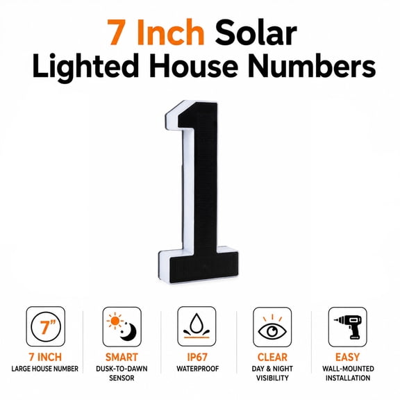 7 Inch Solar Lighted House Number 1 for Outside, 2000mAh LED Address Sign, IP67 Waterproof, Dusk to Dawn Auto On/Off, Warm White & White Light Outdoor (Number 1)