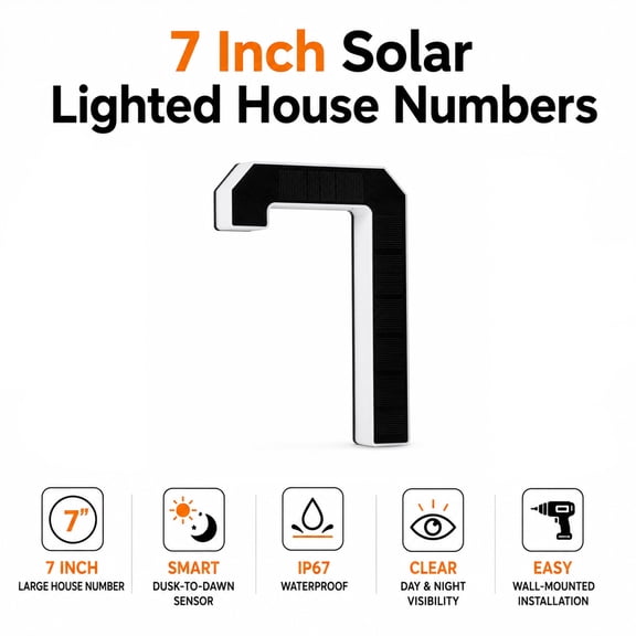 7 Inch Solar Lighted House Number 7 for Outside, 2000mAh LED Address Sign, IP67 Waterproof, Dusk to Dawn Auto On/Off, Warm White & White Light Outdoor House Number(Number 7)