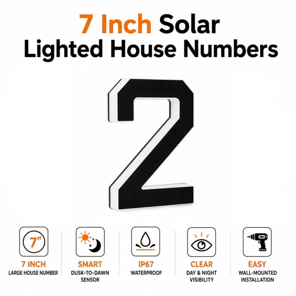7 Inch Solar Lighted House Number 2 for Outside, 2000mAh LED Address Sign, IP67 Waterproof, Dusk to Dawn Auto On/Off, Warm White & White Light Outdoor House Number(Number 2)
