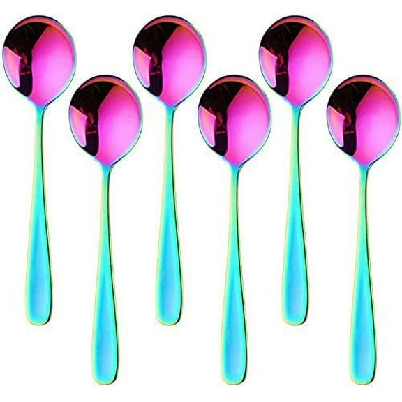 7-Inch Soup Spoons, 6 Pieces Bouillon Spoon,18/10 Stainless Steel Finished Table Dinner Spoons Set of 6 (Rainbow)