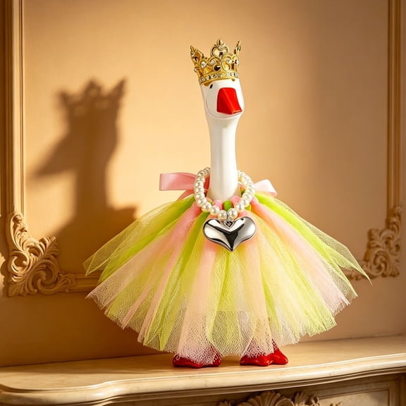 7 Inch Spring Mini Desk Goose Outfits, with Crystal Rhinestone Tiara Crown Necklace Tutu Dress, Doll Clothes Outfit Set Pearl Necklace Skir Festival Party Decor for Small Figurines