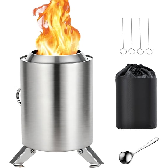 7 Inch Tabletop Fire Pit,  Mini Firepit with Stand, Portable  & Pellet Firepit for Camping, Outdoor & Backyard, Forks, Spoon & Travel Bag Included, Stainless