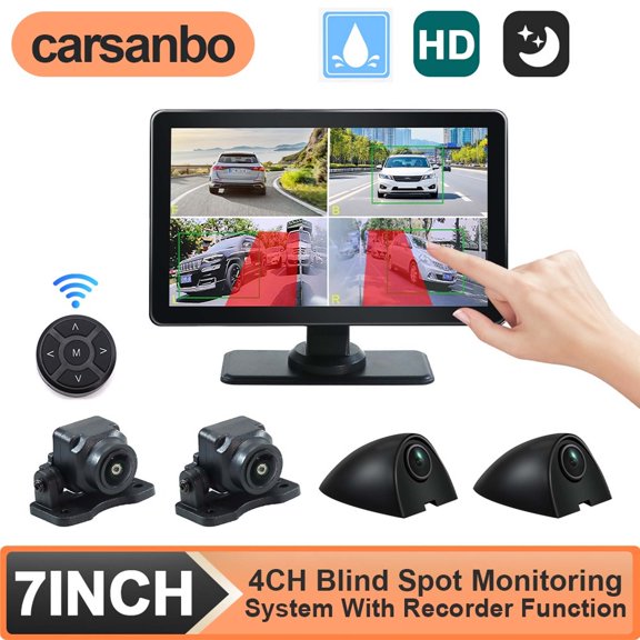 7 Inch Touch Multimedia Monitor 4 Channel Car DVR Monitor Kit, AI BSD Blind Spot Detection Warning System 1080P Waterproof Cameras, Split Screen Recording 12-24V Plug & Play for Car Van RV