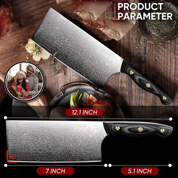 7 Inch VG-10 Hand-Forged Damascus Cleaver - Japanese Chef Butcher Knife, Ebony Wood Handle, Full Tang, Razor-Sharp for Meat/Veg, Perfect Gift for Dad, Mom & Chefs
