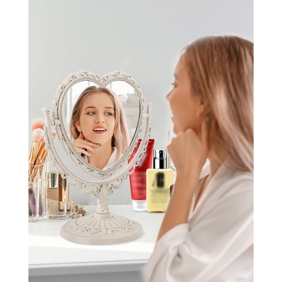 7 Inch Vintage Heart Mirror - Elegant Desk Makeup Mirror with Double Sided 360 Degree Rotation Vanity Mirror for Coquette Room Decor