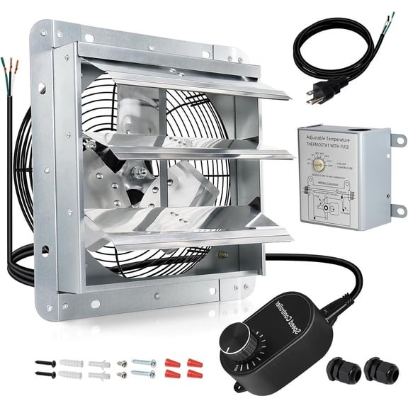 7 Inch Wall Mounted Shutter Exhaust Fan with Thermostat and Speed Controller for Garage, Greenhouse, Shop, Attics, Chicken Coop, Shed, Basement, 760CFM 1600RPM Low Noise Louvered Exhaust Fan