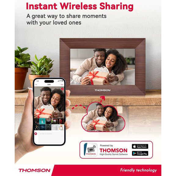 7 Inch WiFi Digital Picture Frame with 32GB Storage, HD IPS Touch Screen, Auto-Rotate,  Photo Sharing App, Wall Mountable, Walnut Finish - Perfect Gift for Family & Seniors