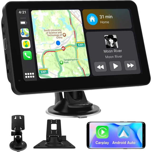 7 Inch Wireless Apple Carplay Android Auto Portable Car Stereo Radio Dash Mount Car Play Adapter Full HD Touch Screen