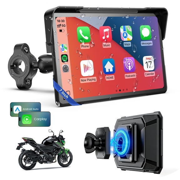 7 Inch Wireless Motorcycle CarPlay, GPS Navigation Screen, Apple & Android Auto Portable IPS Touch Screen, Dual Bluetooth, Voice Assistant, Waterproof