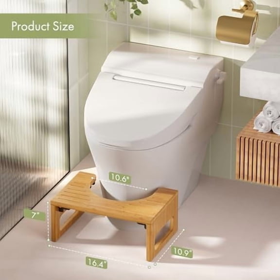 7 Inches Bamboo Toilet Stool Squat for Adult, Foldable Squatting Potty Stools for Bathroom, 0.79" Thickness Poop Stool with Non-Slip Strip, Space-Saving, No Assembly Required, Natural Color