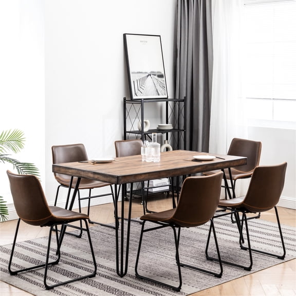 7 Industrial Dining In Antique Brown. Metal Framed Rectangular Table And 6 Chairs. Top. Faux Leather Upholstered Seats For An Elegant Appearance , Brown Appearance. Legged & Tabletop With Veneer.