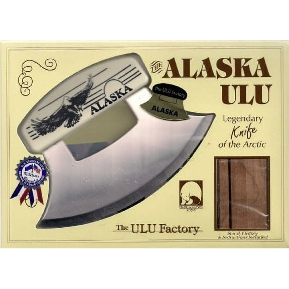 7" Inupiat Style Cultured Ivory Handled Ulu with Walnut Stand (Etched Bald Eagle)