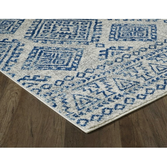 7' Ivory Blue Machine Woven Distressed Geometric Indoor Runner Rug