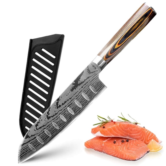 7" Japanese Santoku Knife Professional Chef Knife with Pakka Handle Sharp Kitchen Knife with Cover for Meat,Fish and Vegetables