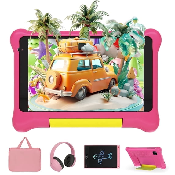 7" Kids Learning Tablet Bundle - Headphones, Stylus & Bag, Pre-Installed & Parental Controls,Android 13 allwinner Go Quad Core, 5GB RAM + 32GB ROM, 128GB Expansion-Pink