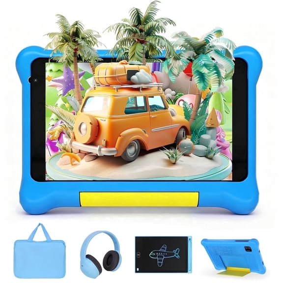 7" Kids Learning Tablet Bundle - Headphones, Stylus & Bag, Pre-Installed & Parental Controls,Android 13 allwinner Go Quad Core, 5GB RAM + 32GB ROM, 128GB Expansion-Blue