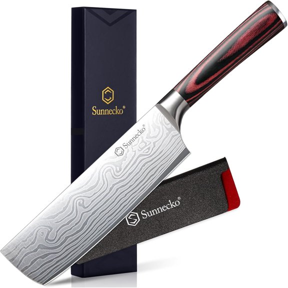 7" Kitchen Knife for Meat Cleaver and Vegetable Chopping, 12 Edge Razor Sharp High Carbon Stainless Steel Asian Chef Knife with Sheath, Kitchen Gift for Home Cooks Men
