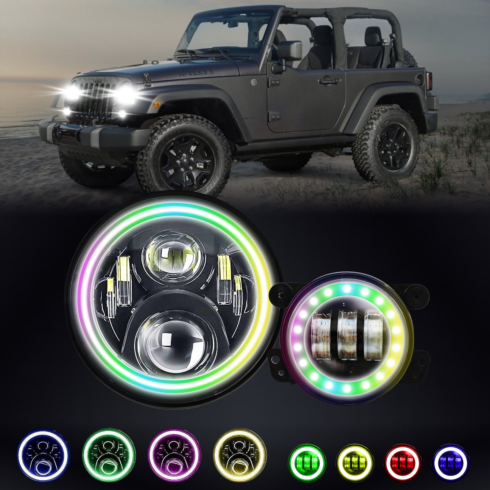 7" LED RGB Bluetooth Headlights + 4" Muti-Color Fog Lights For Jeep ...