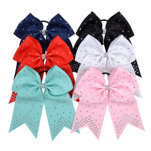 7 Jumbo Cheerleader Bows with Rhinestones Ponytail Holder Cheerleading Bows Hair Tie 6 Pcs College