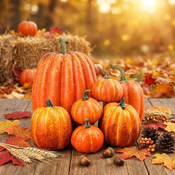 7 Large Orange Fake Pumpkins, Artificial Pumpkins for Fall Autumn Decor, Faux Foam Pumpkins for Halloween Thanksgiving Decorations, Outdoor Harvest Decor
