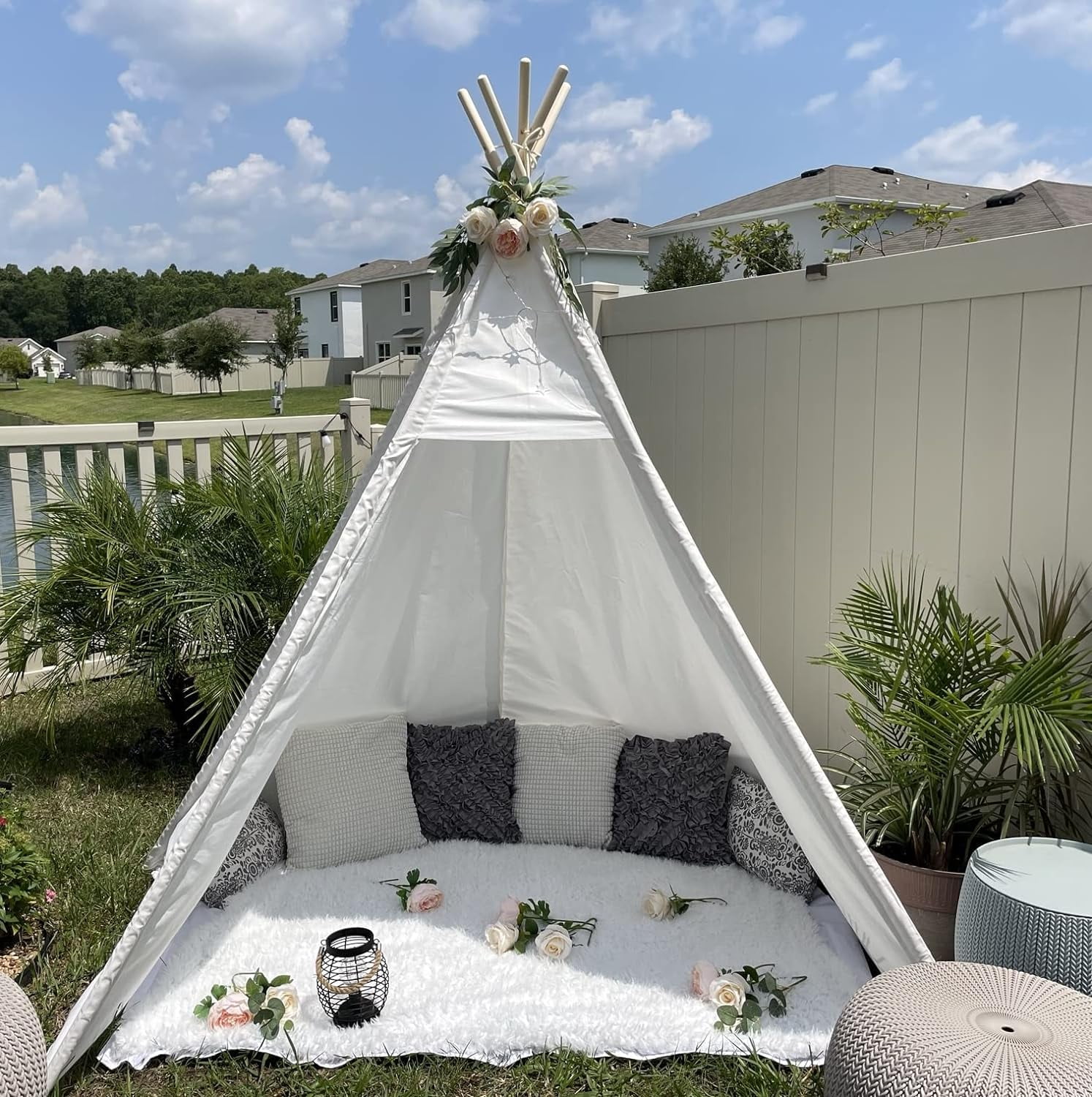 7' Large Teepee Tent for Adults, Play Tent with Carry Bag, 5 Sides Canvas Teepee Tent Indoor & Outdoor Tents for Party, Wedding, Photo Prop, White