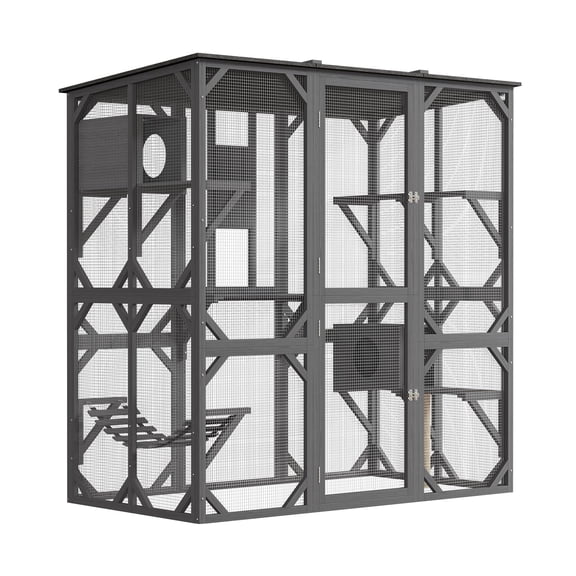 7" Large Walk-in Catio with Window Access & Asphalt Roof, Outdoor Cat Enclosure with Scratch Post, Bridge, 4 Platforms & Hammock for Cats, Wood Cat Patio Grey