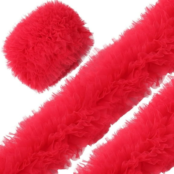 7 Layer 5 1/8 Inch Red Lace Border Ribbon Pleated Gathered Ribbon Trim Organza Double Ruffle Fabric Pom Pom Ribbon for Sewing Making Crafts Gift Wrapping Christmas Dress Wedding Decor Supply