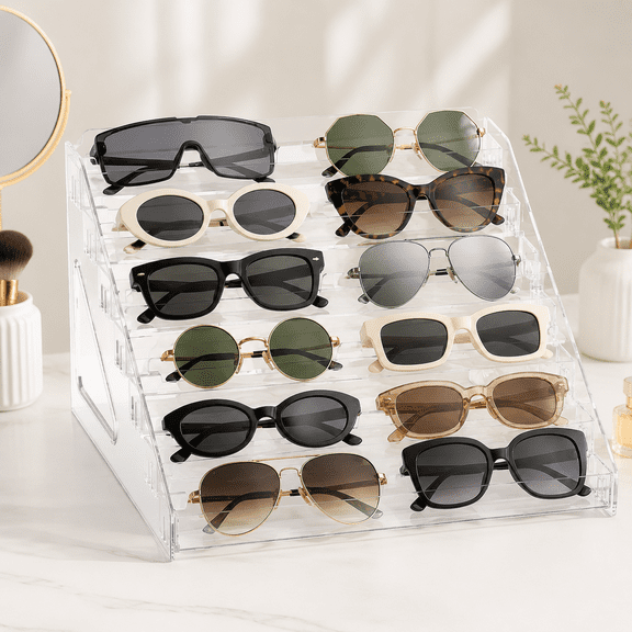 7 Layer Clear Acrylic Sunglasses Organizer, Multi-Purpose Sunglass Display Stand, Tabletop Eyeglass Storage Holder, Sturdy Eyeglass Organizer for Glasses and Beauty Accessories