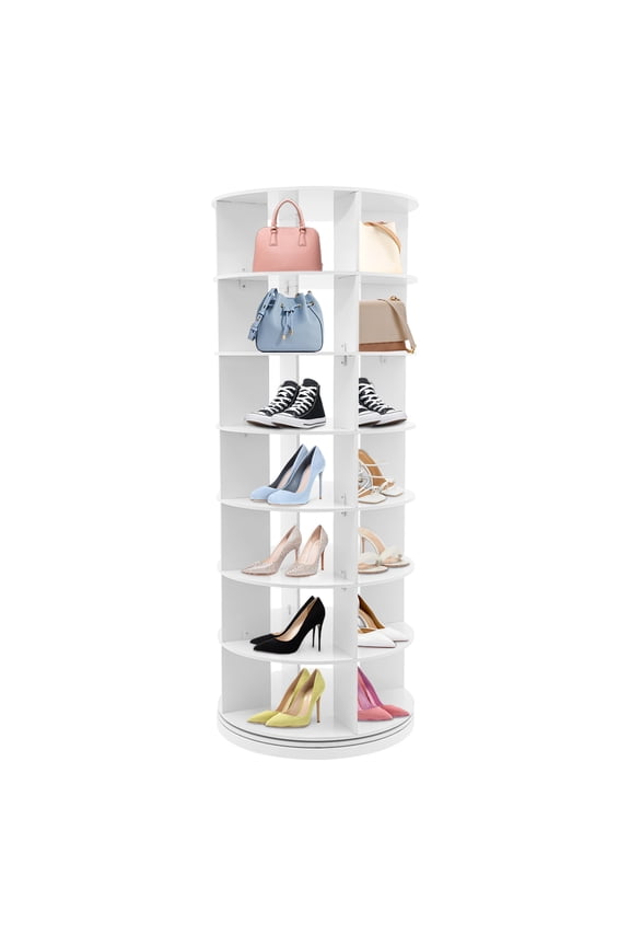 7-Layer Home Hollow Rotating Shoe Rack, White Rotating Central Hollow 360 Rotating Shoe Organizer Rack For Space-Saving (4 Grids Per Layer) for Home Office,Bedroom,Living Room,Dining Room