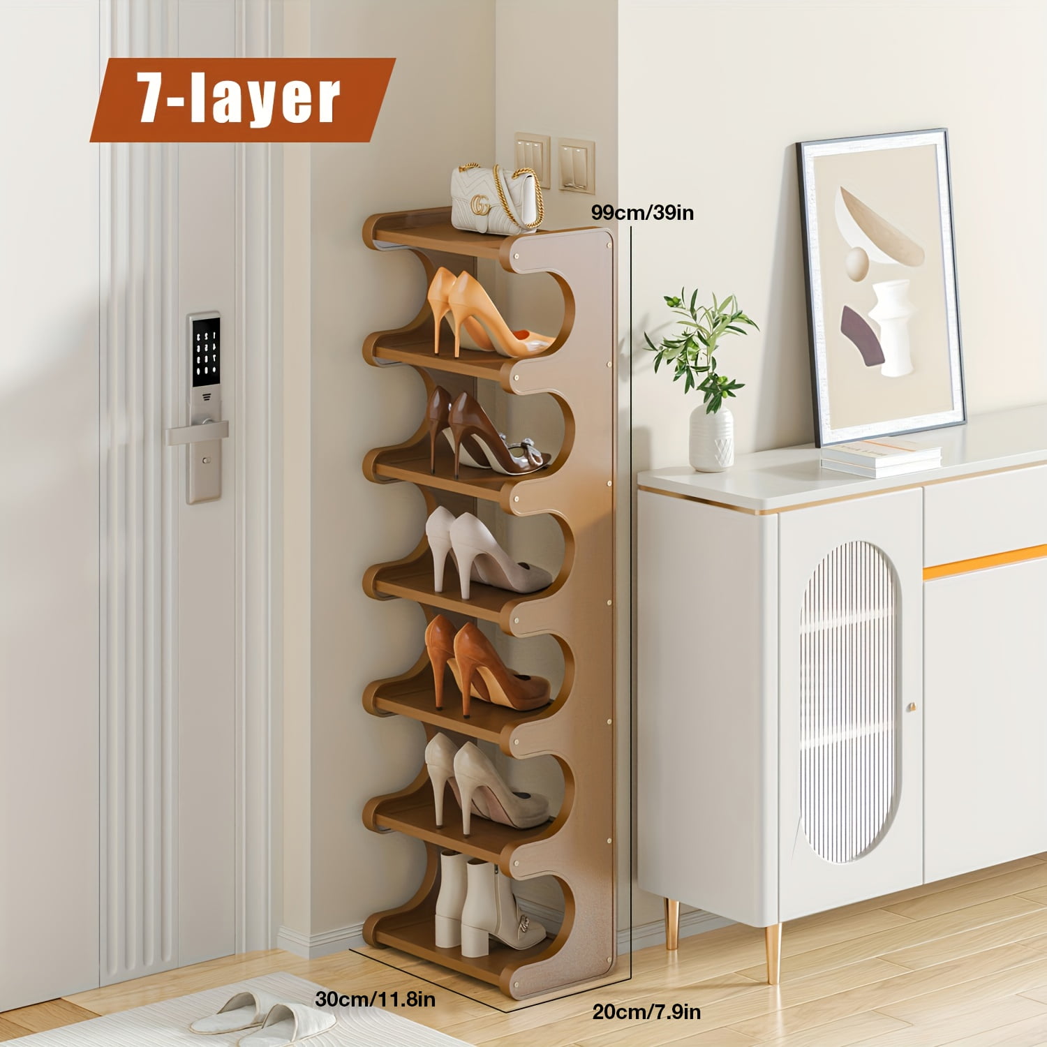 View of 7 Layer Shoe Storage Rack, Bamboo Shoe Rack with Space Saving Narrow ...