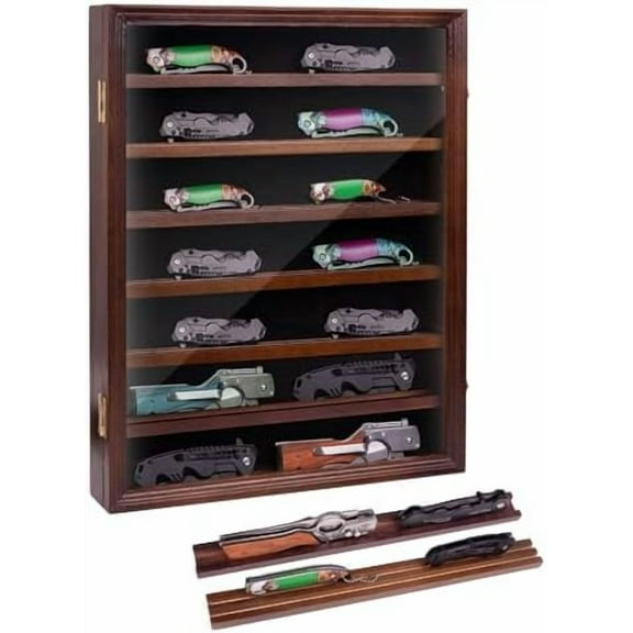 7 Layers Knife Display Case, Cherry Wood, Locking Cabinet with 6 Removable Double Shelves and 6 Single Shelves, Wall Mounted or Desk Display